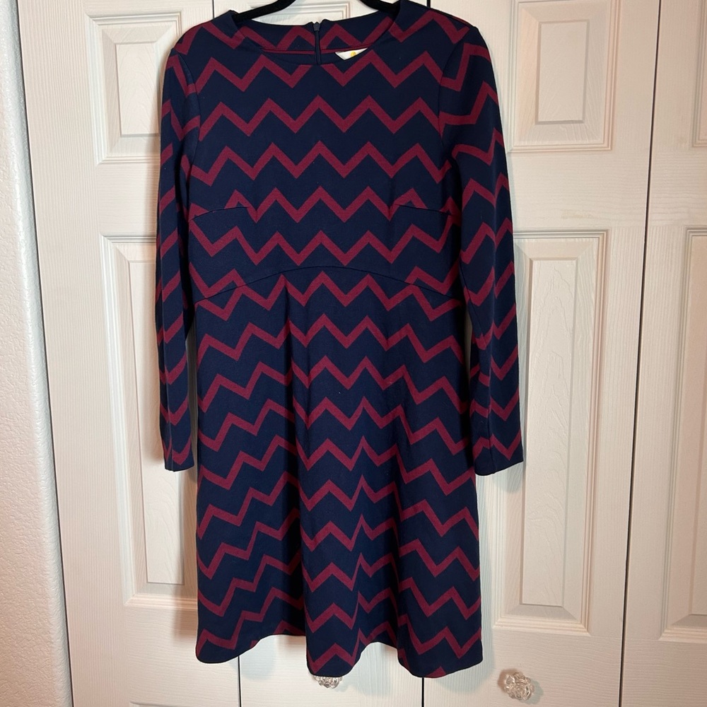 Boden Annie Jacquard Fit & Flare Chevron Navy & Maroon Long Sleeve Dress Hoilday
